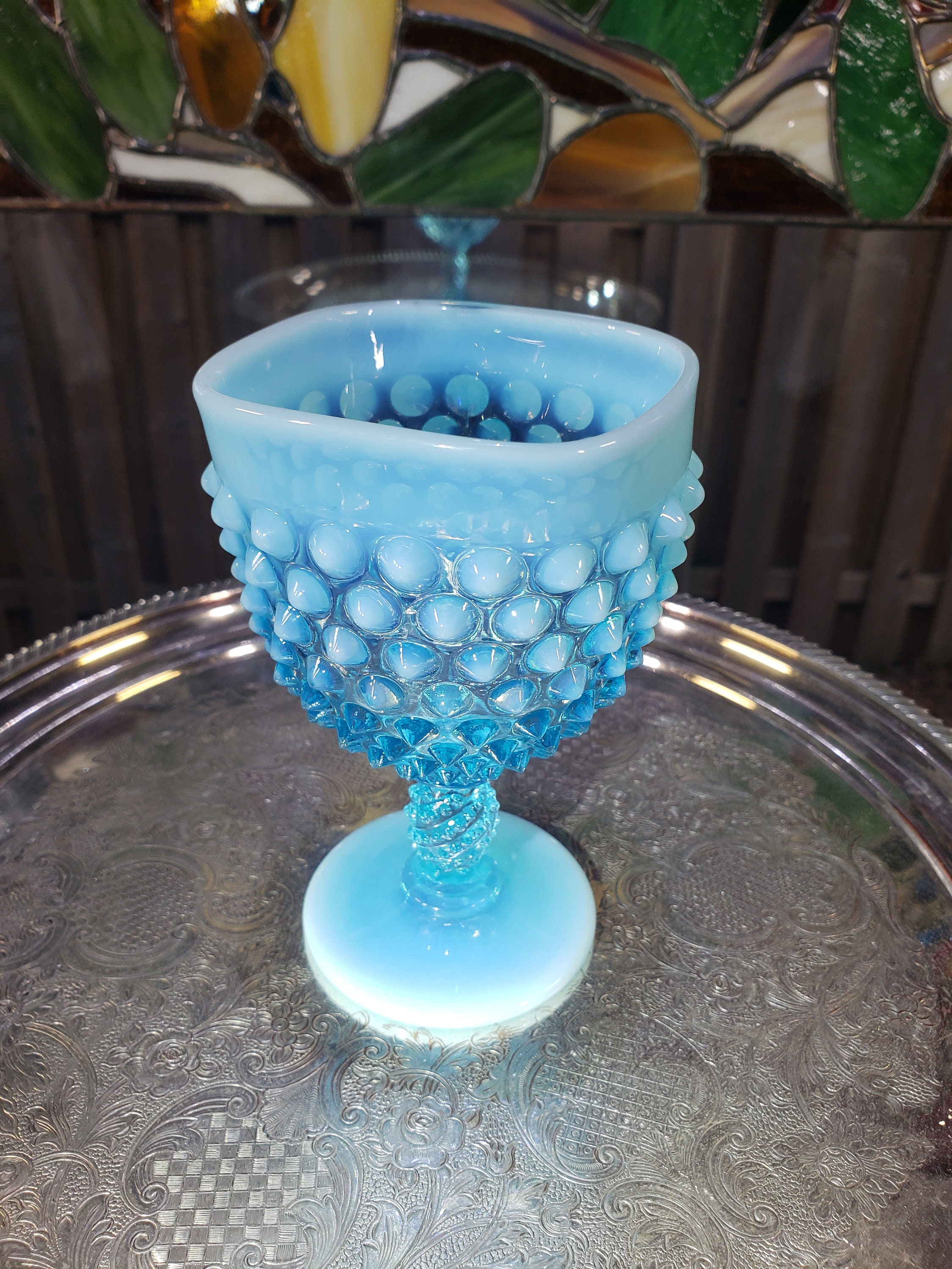 Vintage Fenton Opalescent Blue Hobnail Square Goblet - 1950s