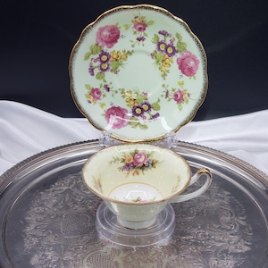 Vintage Foley Porcelain Mint Green and Yellow Teacup & Saucer, Mixed Flower, Gift For Mom, Gift For Her, Christmas Gift, Free Shipping