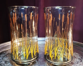 Bulrush Cattails Reed 1970's Drinking Glasses - Very Cool Set Of Two! - MCM