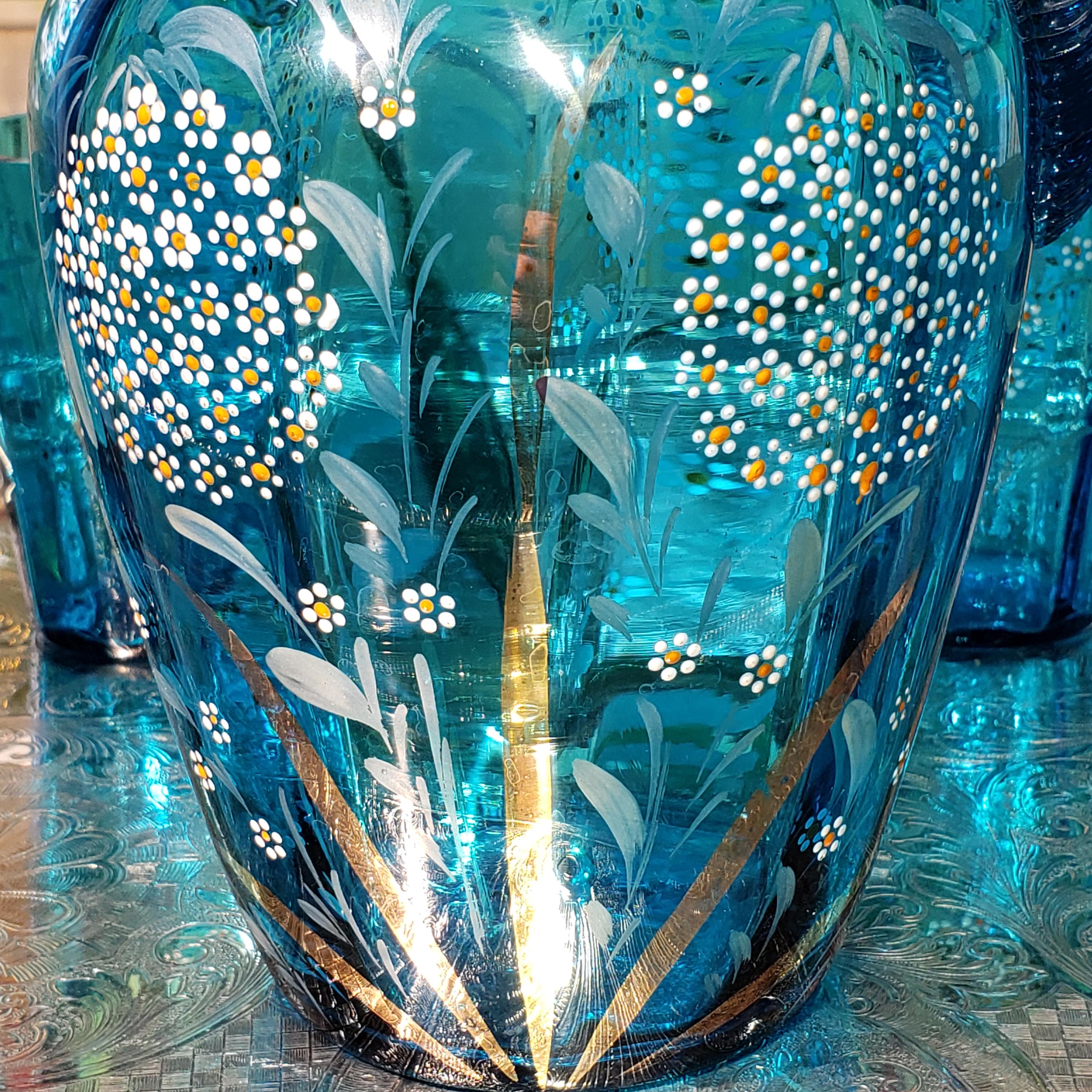 Antique Ice Blue Glass Pitcher Set: Hand Decorated Victorian