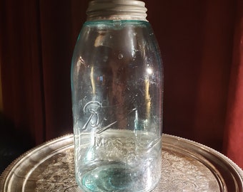 Vintage Ball Mason Half Gallon Jar - 3 " L " Loop - Dropped "a" - Light Aqua - Antique     >>> FREE SHIPPING <<<