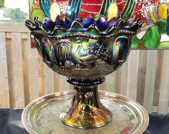 Northwood Glass Peacock At The Fountain Carnival Glass Punch Bowl Set - Amethyst Base