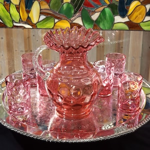 Coinspot Pitcher Set - Pink Victorian Era Antique Pitcher with 6 Glasses, Unique Valentine&#39;s Day Gift, ca1890s, Free Shipping
