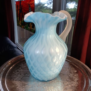 Vintage Light Blue Quilted Pitcher - Diamond Pattern Pitcher, Gift For Her, Victorian Pitcher, Cased Glass Pitcher, Free Shipping