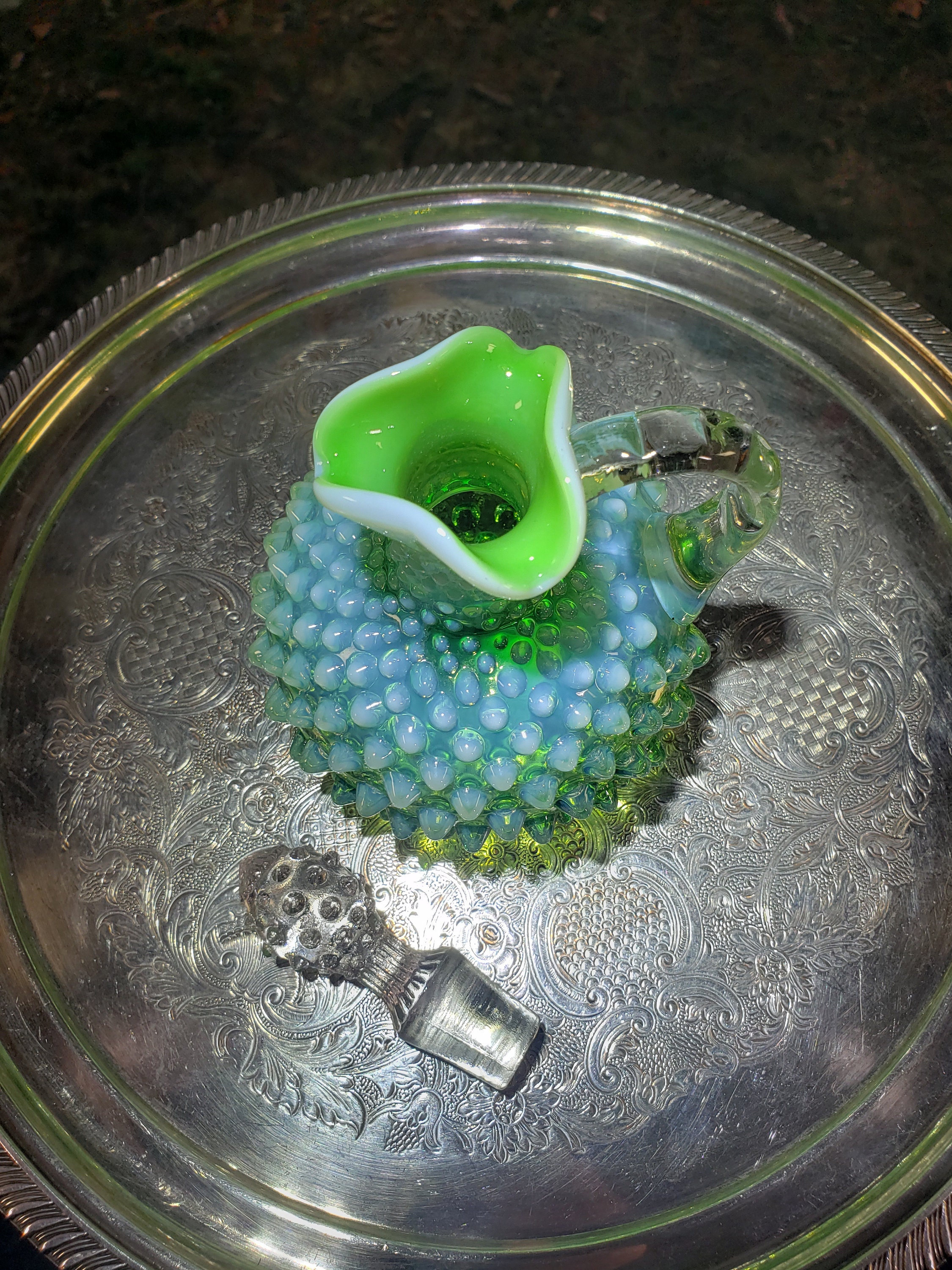 Rare Vintage Fenton Opalescent Lime Green Hobnail Cruet Rare Vintage Fenton Opalescent Lime Green Hobnail Cruet