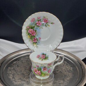 Peut inclure: Un service à thé blanc avec une soucoupe et une tasse, orné d'un motif floral. L'ensemble présente des fleurs roses avec des feuilles vertes et une bordure dorée. La tasse est sur un support en plastique transparent, et la soucoupe est derrière.