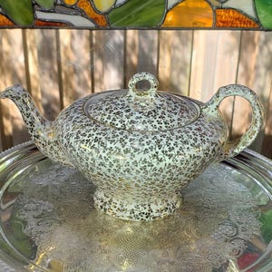 Vintage Gold and White Clover Pattern Teapot From Empire England, Antique Teapot, English China, Art Deco Decor