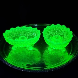 Vintage Vaseline Glass Candle Holders: Daisy & Button Opalescent Pair