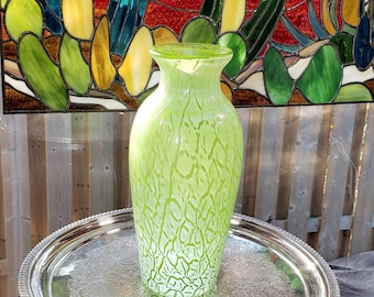 Green Speckled Art Glass Vase: Retro Decor (9.75" Tall)