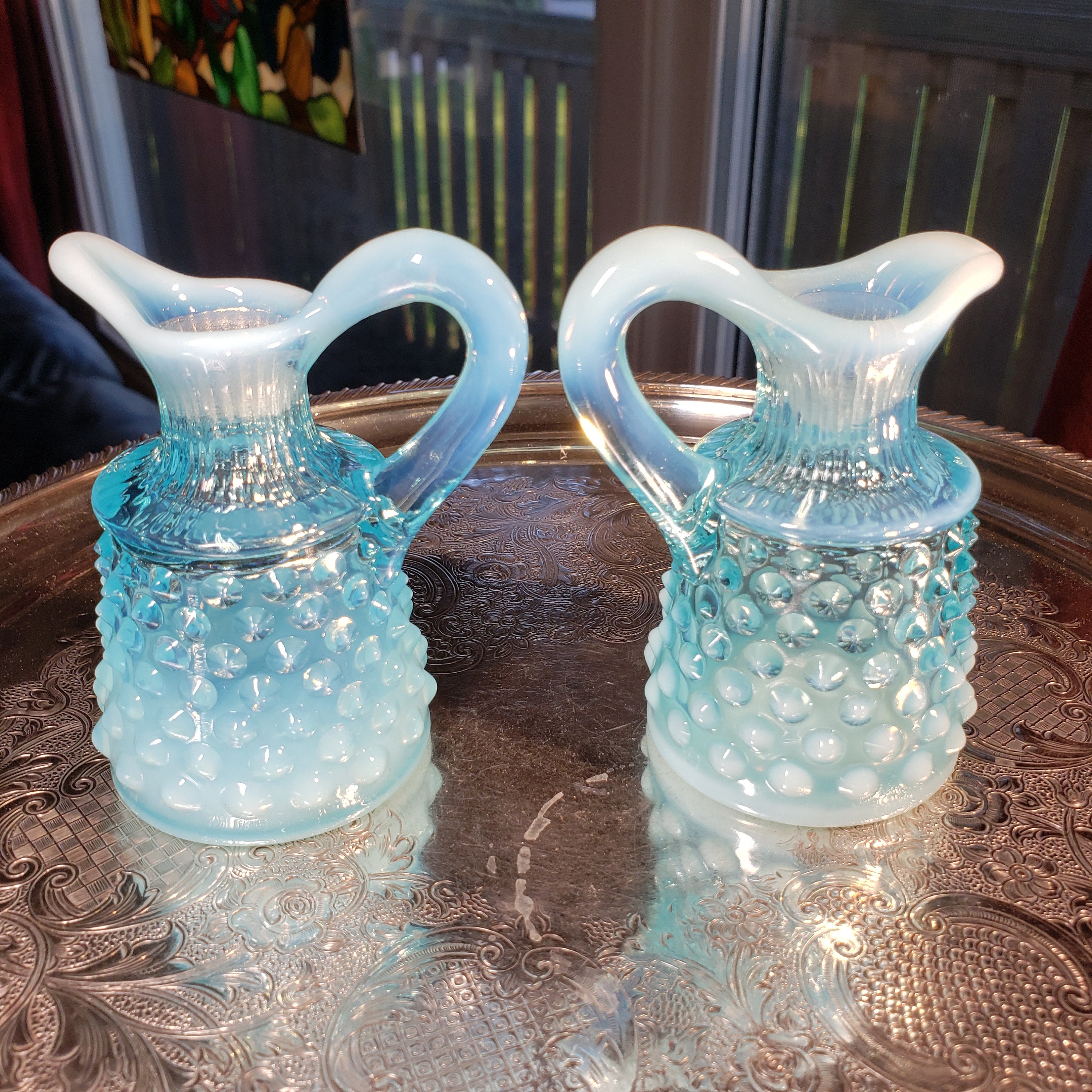Fenton Blue and White Opalescent Hobnail Cruet Set - Oil and