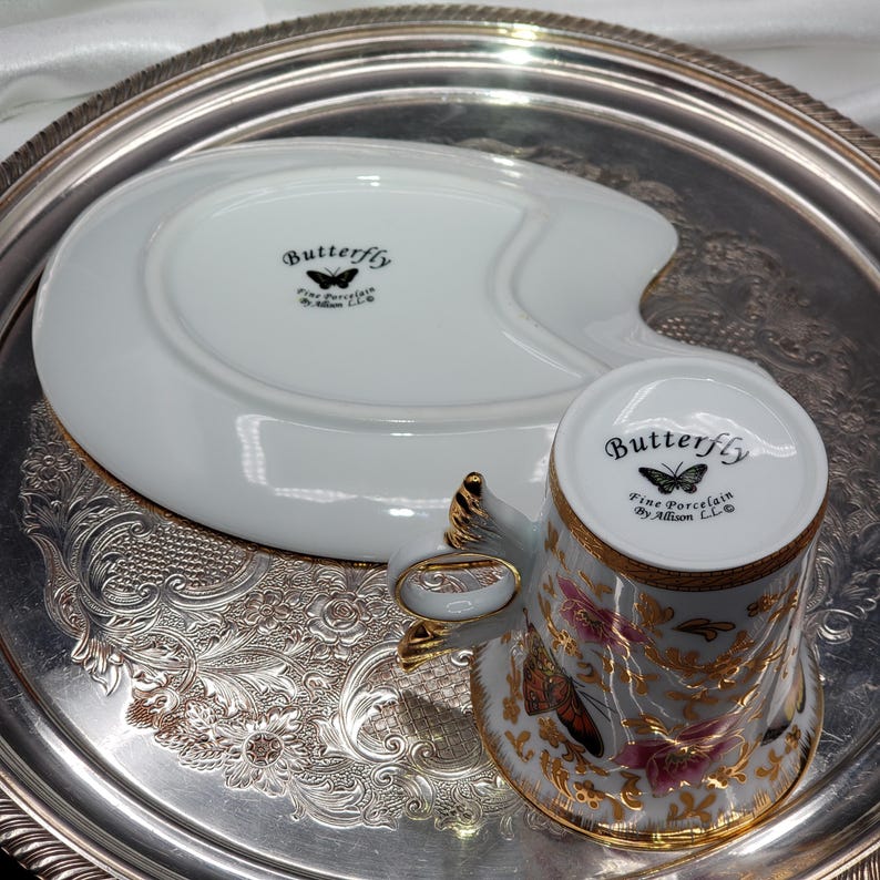 Porcelain Tea Cup and Saucer: Butterfly Motif (Allison LL) image 10