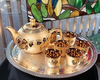 Fantastic Gold Finished Oriental Boxed Tea Set / Grape Pattern -  Oriental Tea Set, Oriental Decor, Wedding Tea Set >>> FREE SHIPPING <<<