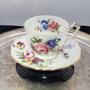Vintage Aynsley Teacup & Saucer, Pink and Blue Floral Spray, Christmas Gift, Gift For Grandma, Gift For Her, Free Shipping