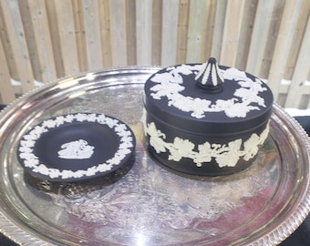Vintage 1970s Black Wedgwood Jasperware Trinket Box & Ring Dish Set