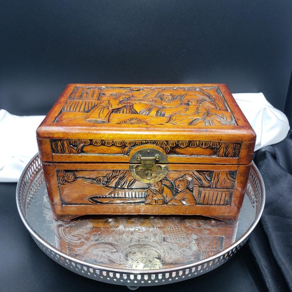 Asian Jewelry Box - Hand Carved Camphor Wood Scented