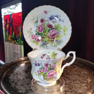 Vintage Royal Albert Pink Roses in a Basket - Vintage Tea Cup, Gift For Her, Tea Party Gift, Free Shipping