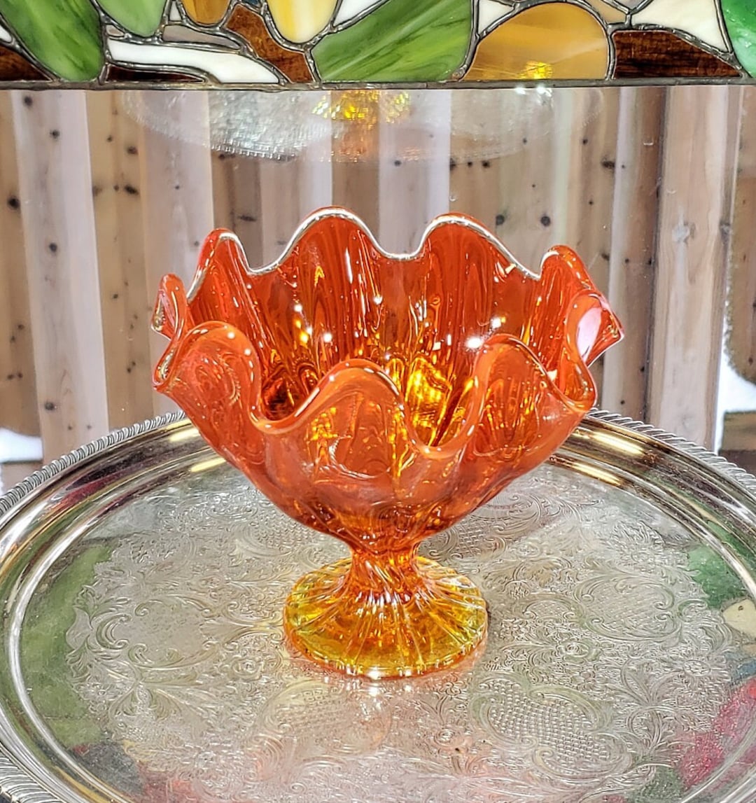 Vintage LE Smith Amberina Glowing Orange Handkerchief Bowl - 1960s