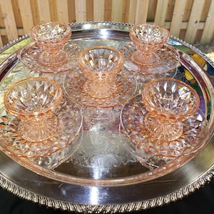 Vintage Jeanette Glass - Windsor Pattern - Pink Depression Glass - 5 Footed Sherbet Cups with Saucers , Mothers Day Gift, Free Shipping