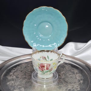 Vintage Aynsley Turquoise Embossed Teacup & Saucer - Roses and Mixed Flowers, Gift For Her, Tea Party Gift, Christmas Gift, Free Shipping