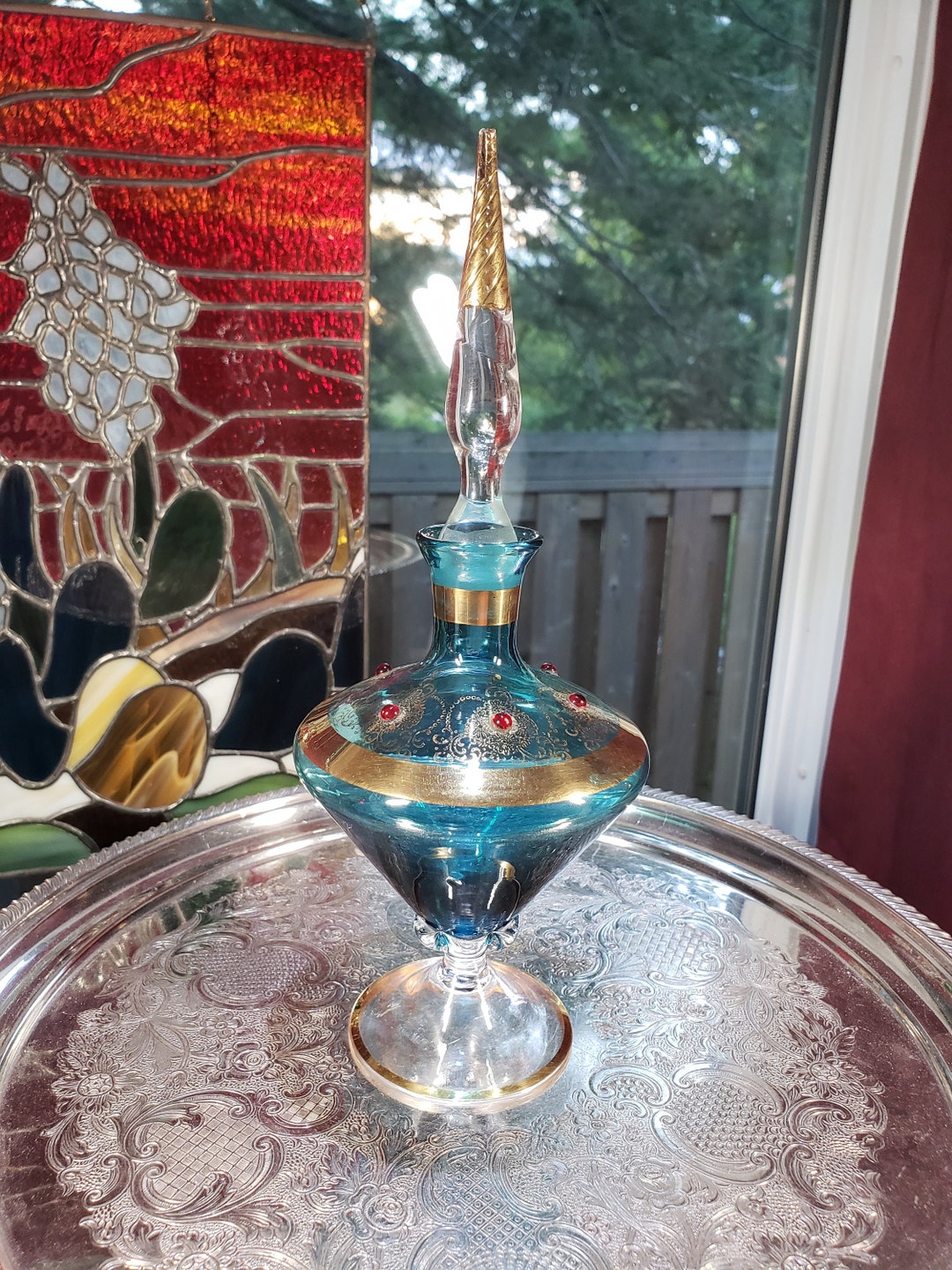 Antique Turquoise Glass Perfume Bottle With Gold & Red Trim. Retro