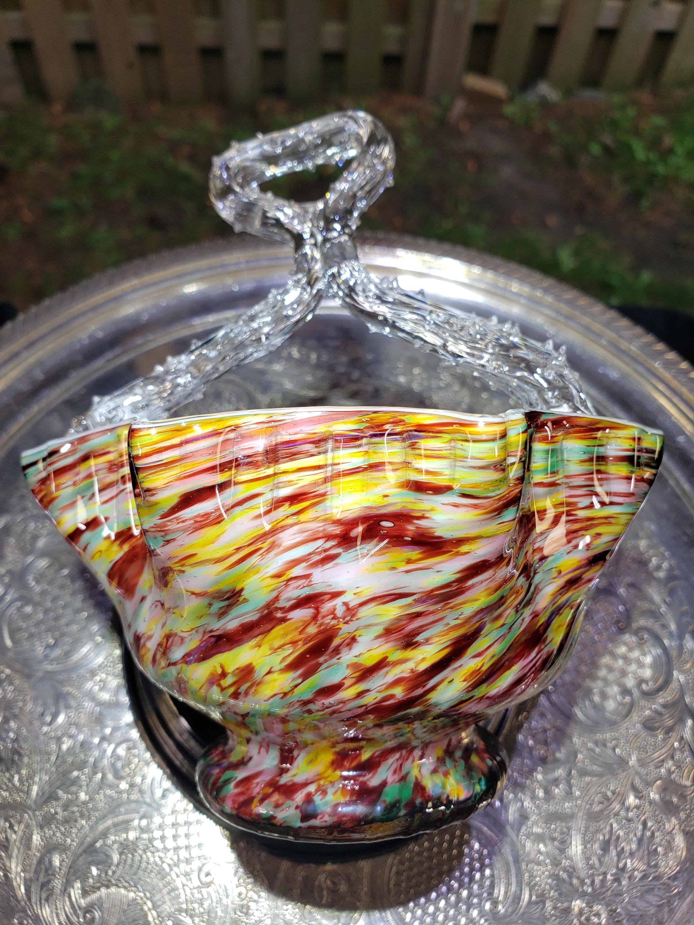 Vintage Franz Welz Czech Splatter Glass Basket With Thorn Handles