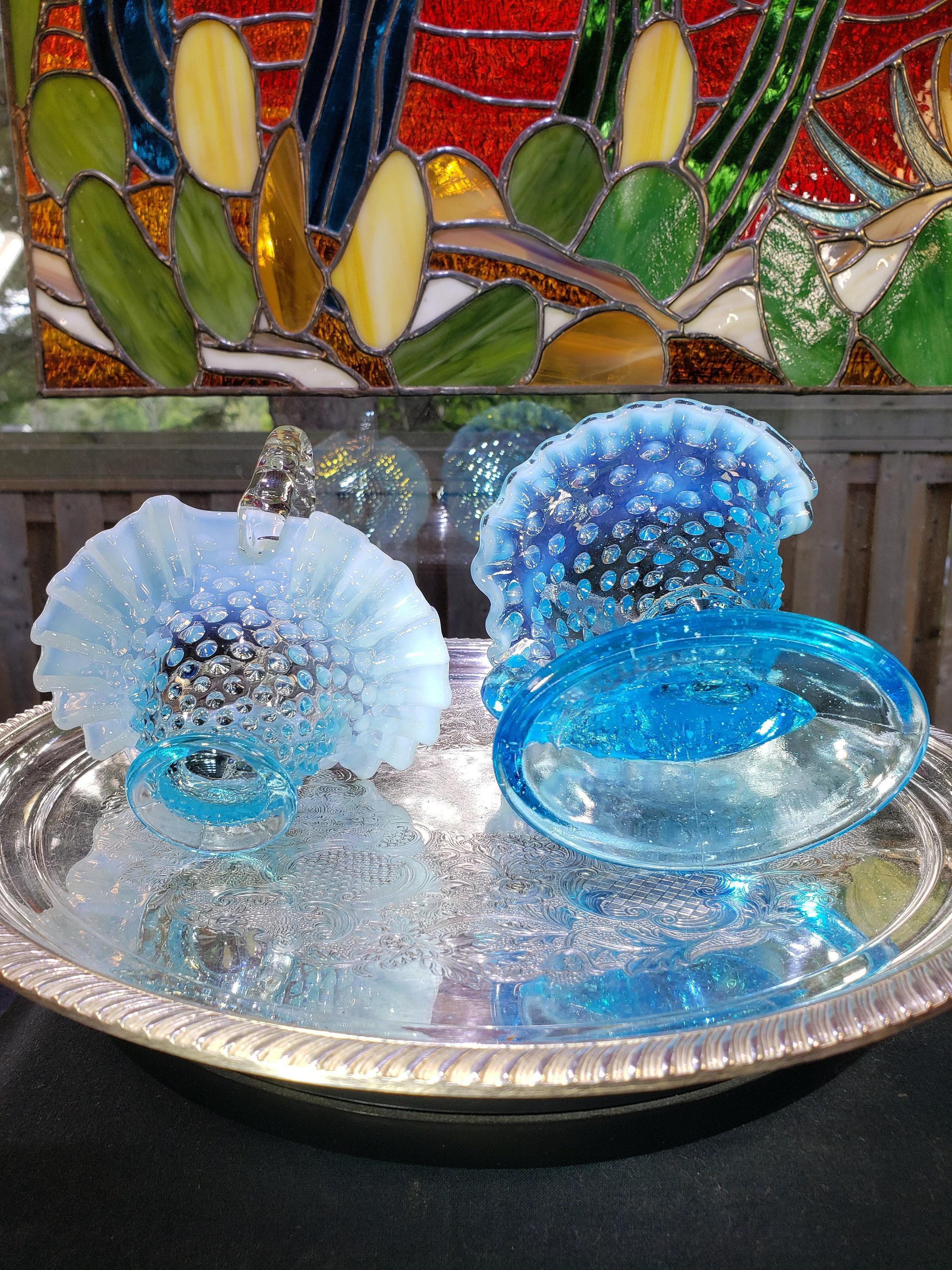 Fenton Glass Basket and Horn: Blue Hobnail Opalescent - Set - Etsy