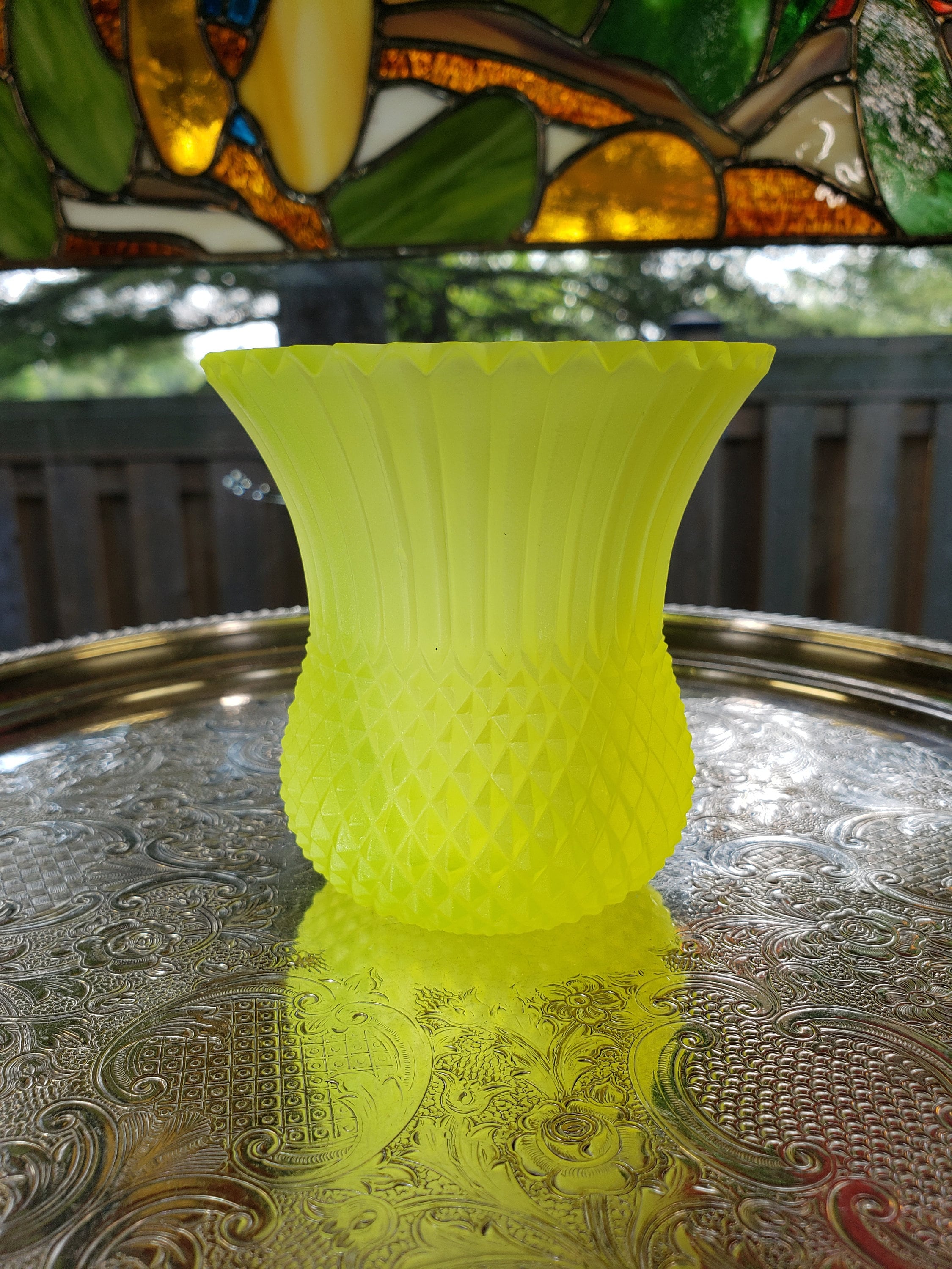 Vintage Faroy USA Sawtooth Vaseline Glass Candle Cup - Votive 