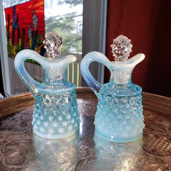 Fenton Blue and White Opalescent Hobnail Cruet Set - Oil and