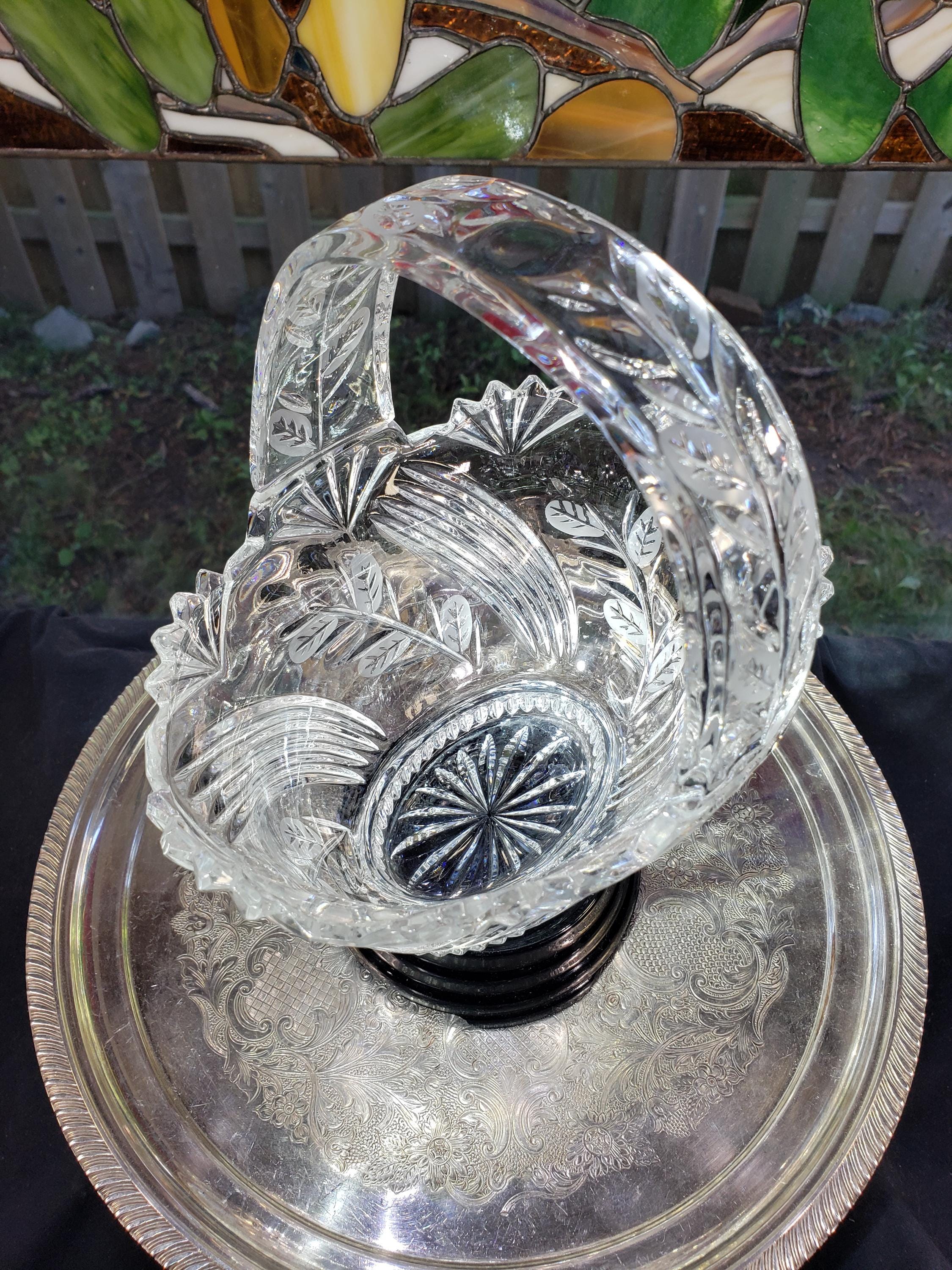 オールドIrena クリスタルガラス ハンドメイド Vintage Irena Crystal Basket: Polish 1980s Decor With Ornate