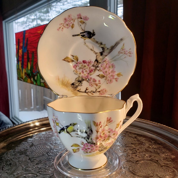 Queen Anne  - Pink Cherry Blossoms With Birds - Gold Trim  -  Tea Cup Set - Antique