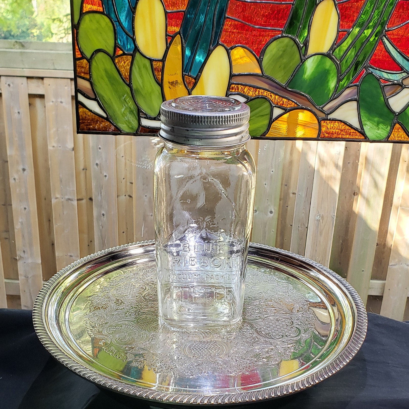 Vintage Blue Ribbon Glas Kaffeedose - 1933 Design, Vintage Vorratsdose & Küchendekor, Retro Kaffeebehälter