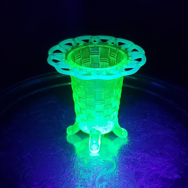 Vintage Imperial Lattice Diamond Pattern Footed Uranium Glass Vase - Vintage Uranium Glass, Imperial Glass, Free Shipping