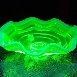 Vintage Fenton Ruffle Opalescent Uranium Glass Footed Bowl - Vintage Fenton, Glowing Dish, Canary Yellow Glass