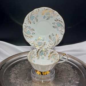Vintage Queen Anne Teacup & Saucer with Gold and Blue Berries, Number 257, Gift For Her, Tea Party Gift, Christmas Gift, Free Shipping