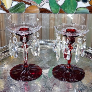 Vintage Ruby Red Crystal Candle Holders: Christmas Lustres
