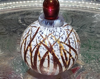 Vintage Mauve & White Glass Perfume Bottle With Dauber - Grass Pattern Overlay