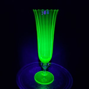Large Fluted Vintage Uranium Glass Flower Vase - Fine Glass Vase, Twisted Stem Vase, Glowing Glass, Tall Vase, Green Vase