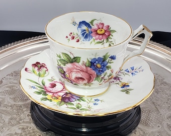 Aynsley Teacup and Saucer: Pink Blue Floral - Fine Bone China