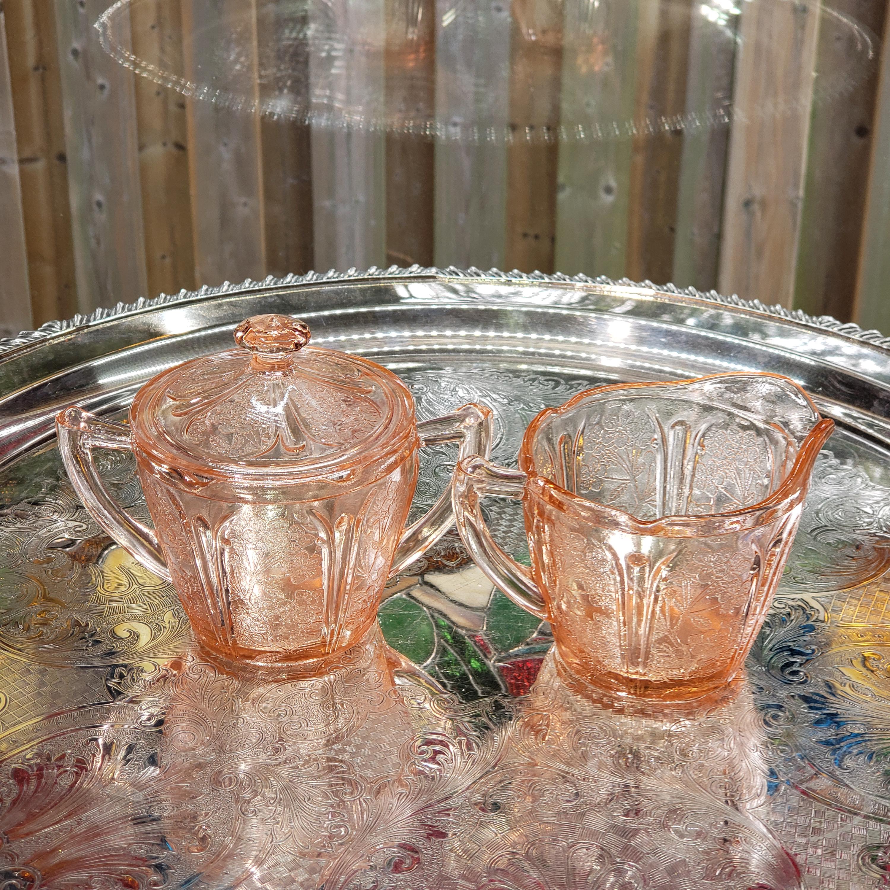 Vintage Jeannette Pink Cherry Blossom Creamer and Lidded Sugar