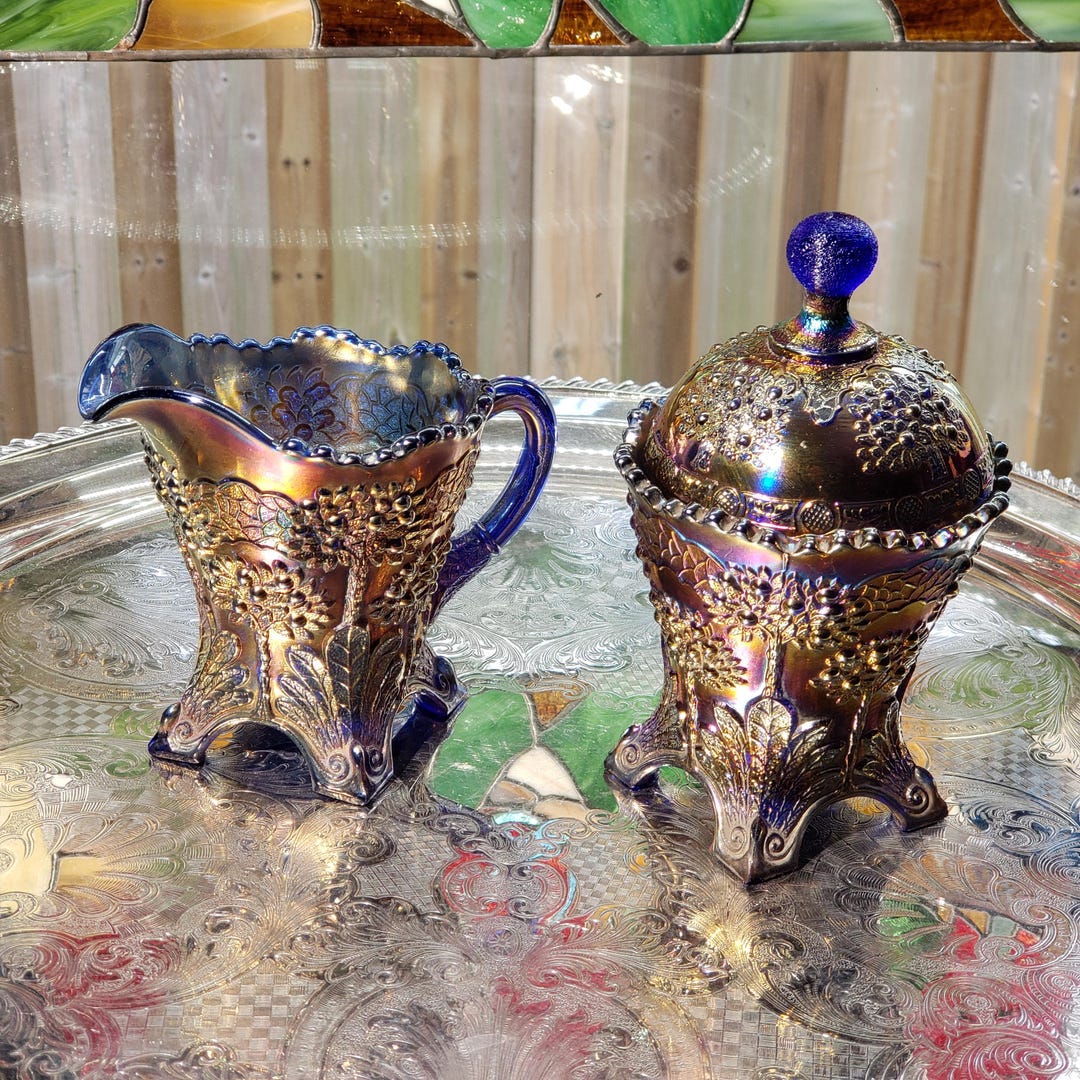 Fenton Orange Tree Carnival Glass Cream & Sugar Set: Iridescent