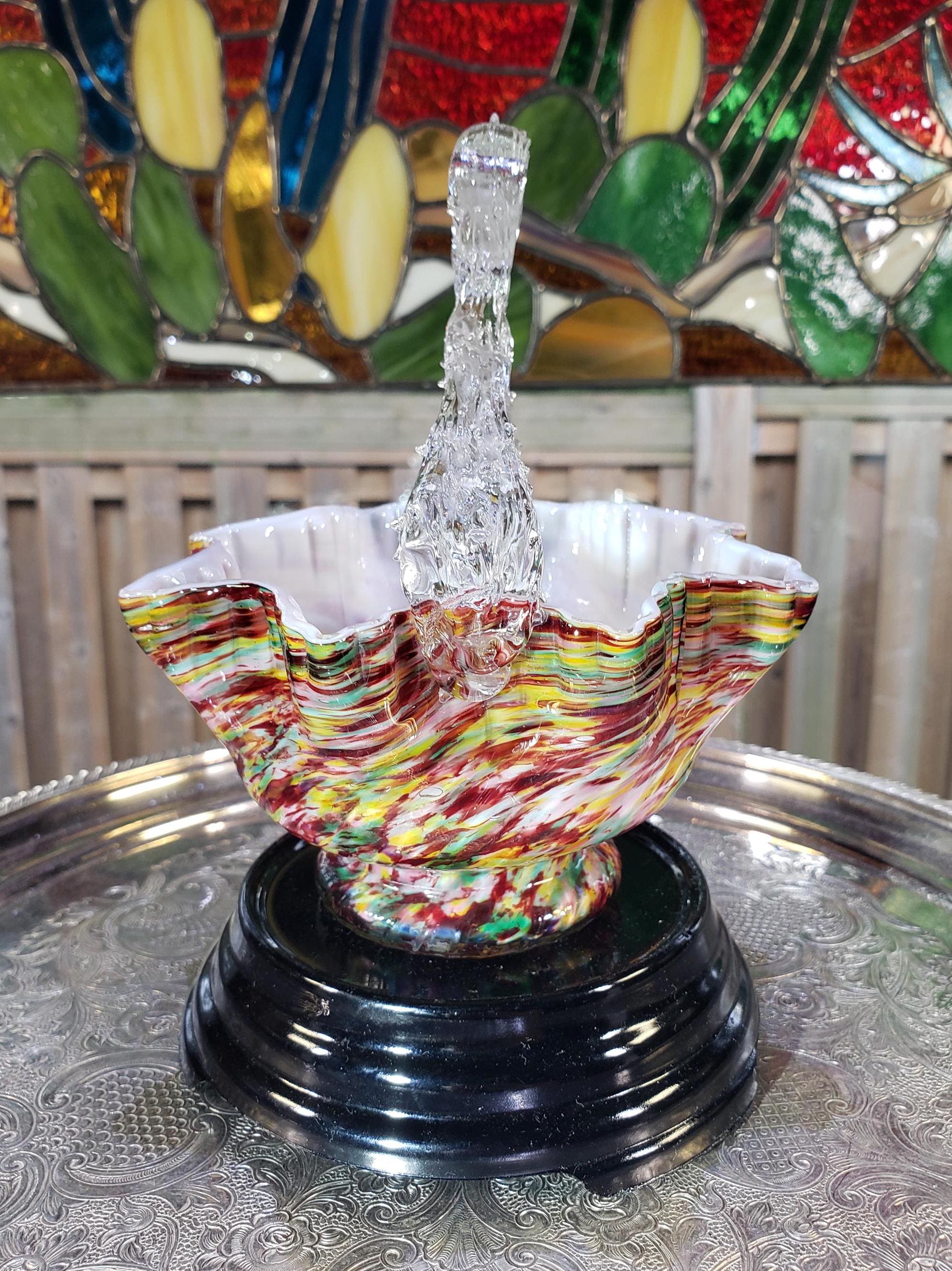 Vintage Franz Welz Czech Splatter Glass Basket With Thorn Handles