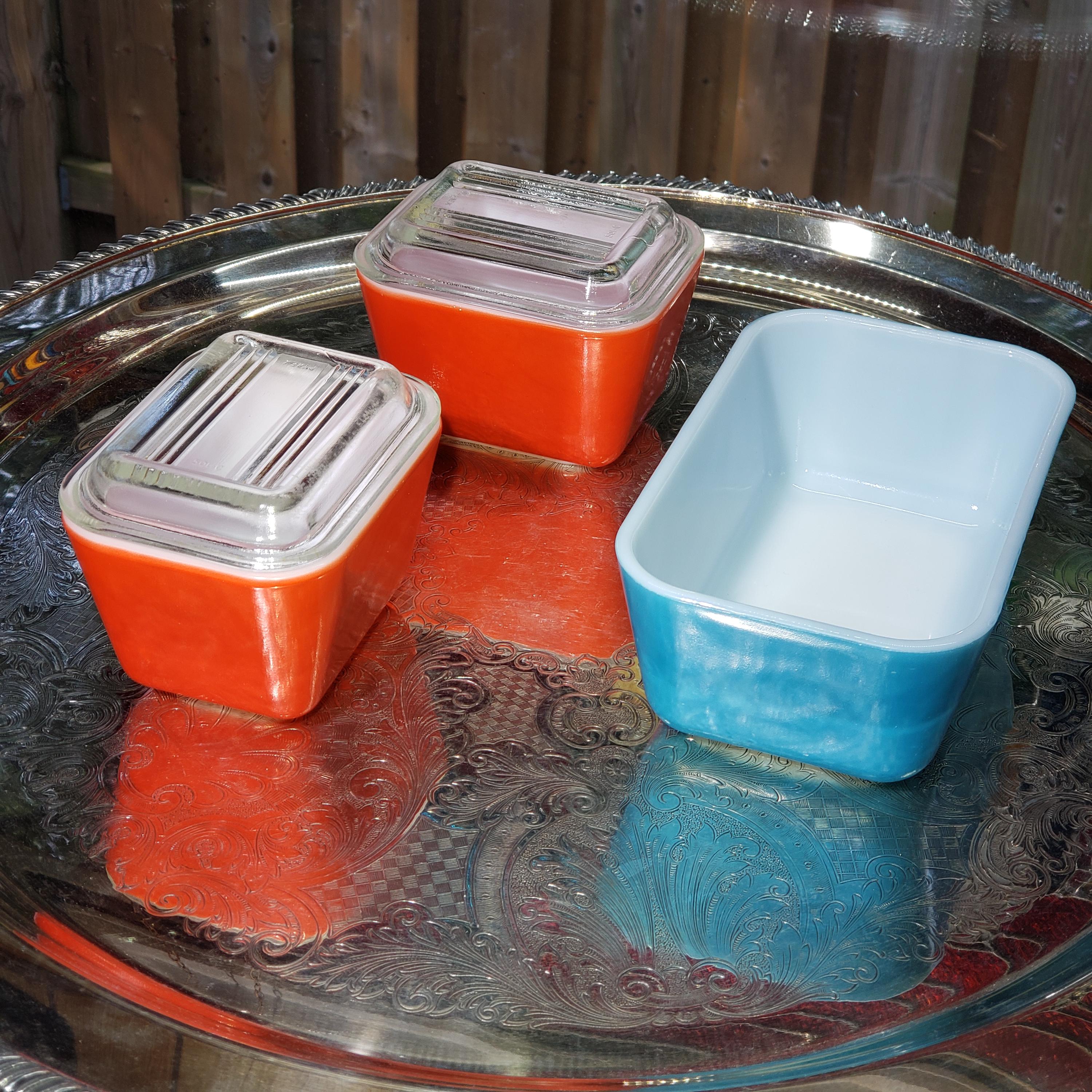 保存容器・ケース (138) Old Pyrex Refrigerator Dish 3Set Vintage Pyrex Refrigerator Storage Set: Red A-14 & Blue 502