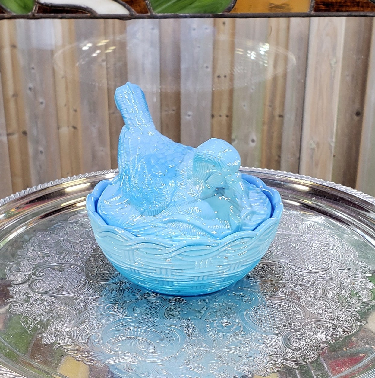 Vintage Fenton Blue Opalescent Bird & Nest Covered Candy Dish - Etsy