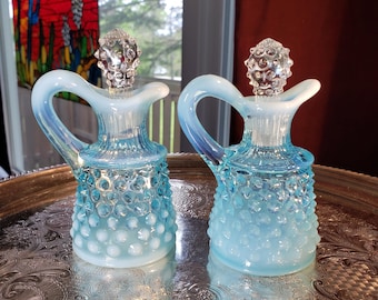 Fenton Hobnail Cruet Set - Blue and White Glass Bottles