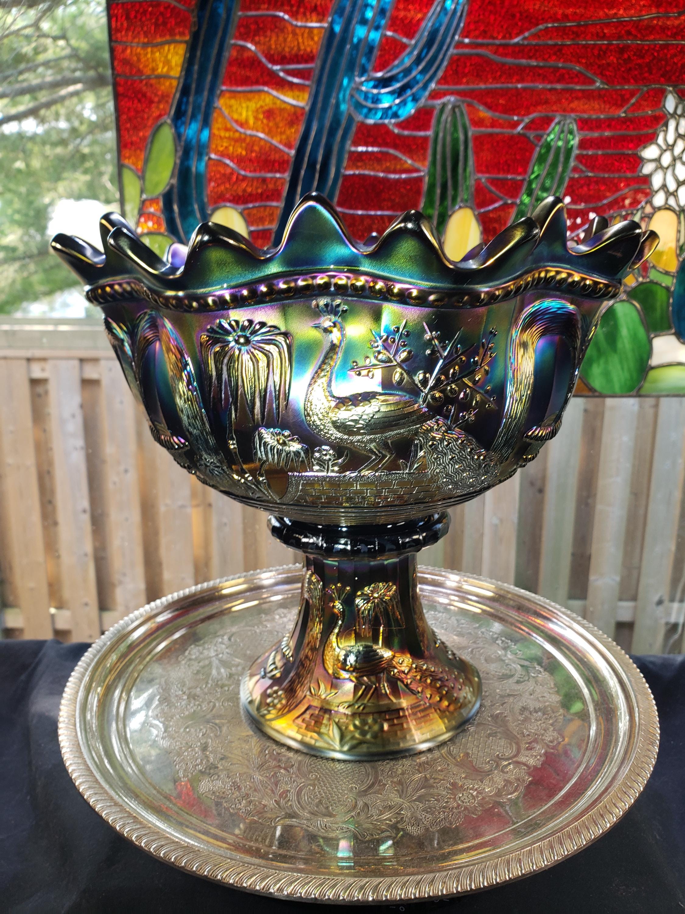 Northwood Glass Peacock at the Fountain Carnival Glass Punch Bowl