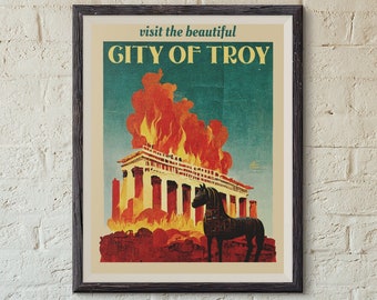 Mitología griega arte impresión mitología griega cartel ciudad de Troya caballo de Troya estilo vintage cartel mitología pared arte griego pared arte