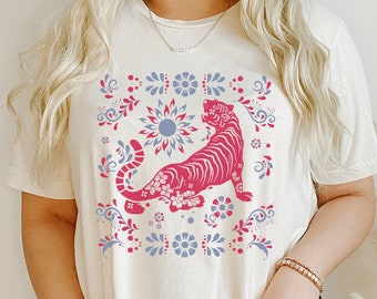 Year of the Tiger Shirt Tiger Flower TShirt Norwegian Folk Art Aesthetic Chinese New Year Tee Graphic Tiger Floral Top Botanical T Shirt