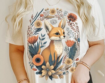 Fennec Floral Chemise Renard Chemise Cottagecore Chemise Cottagecore Vêtements Cottagecore Vêtements Chemise botanique Art populaire Tee Fennec Renards Fox Merch