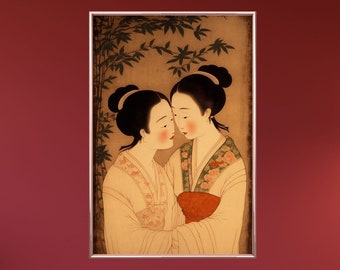 Sapphic Art Chinese Scroll Painting Style Lesbian Wall Art Sapphic Art Print Lesbian Art Print Queer Art Print WLW Art Subtle Pride Art