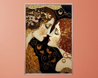 May include: Two women with long hair, one with brown hair and one with red hair, are depicted in a close-up portrait. They are facing each other with their foreheads touching. The background is black with gold accents and floral details.